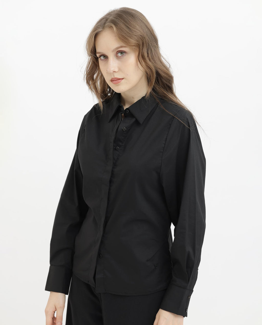 Rareism Women's Letizia Black Cotton Blend Spread Collar Plain Relaxed Fit Shirt