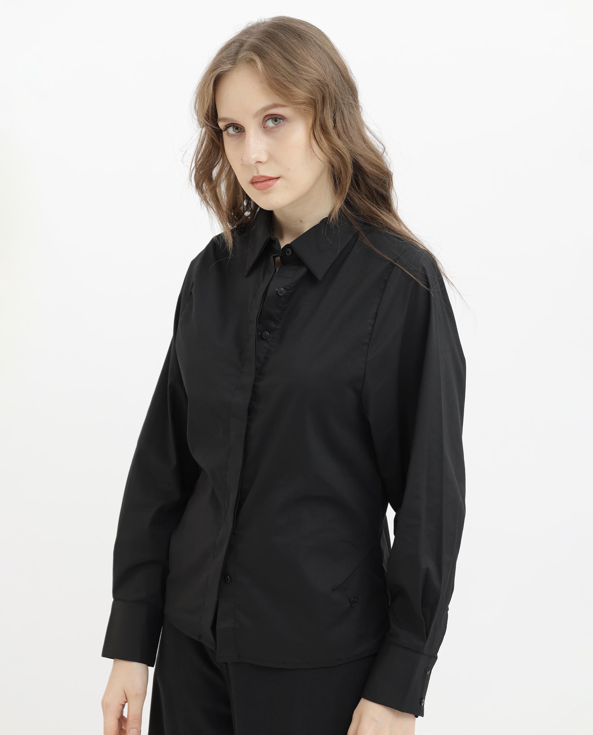 Rareism Women's Letizia Black Cotton Blend Spread Collar Plain Relaxed Fit Shirt