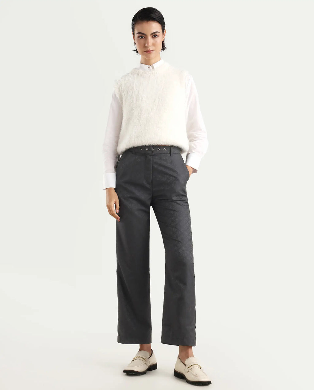 Rareism Women's Levels Black Polyester Plain Ankle Length Tapered Trouser