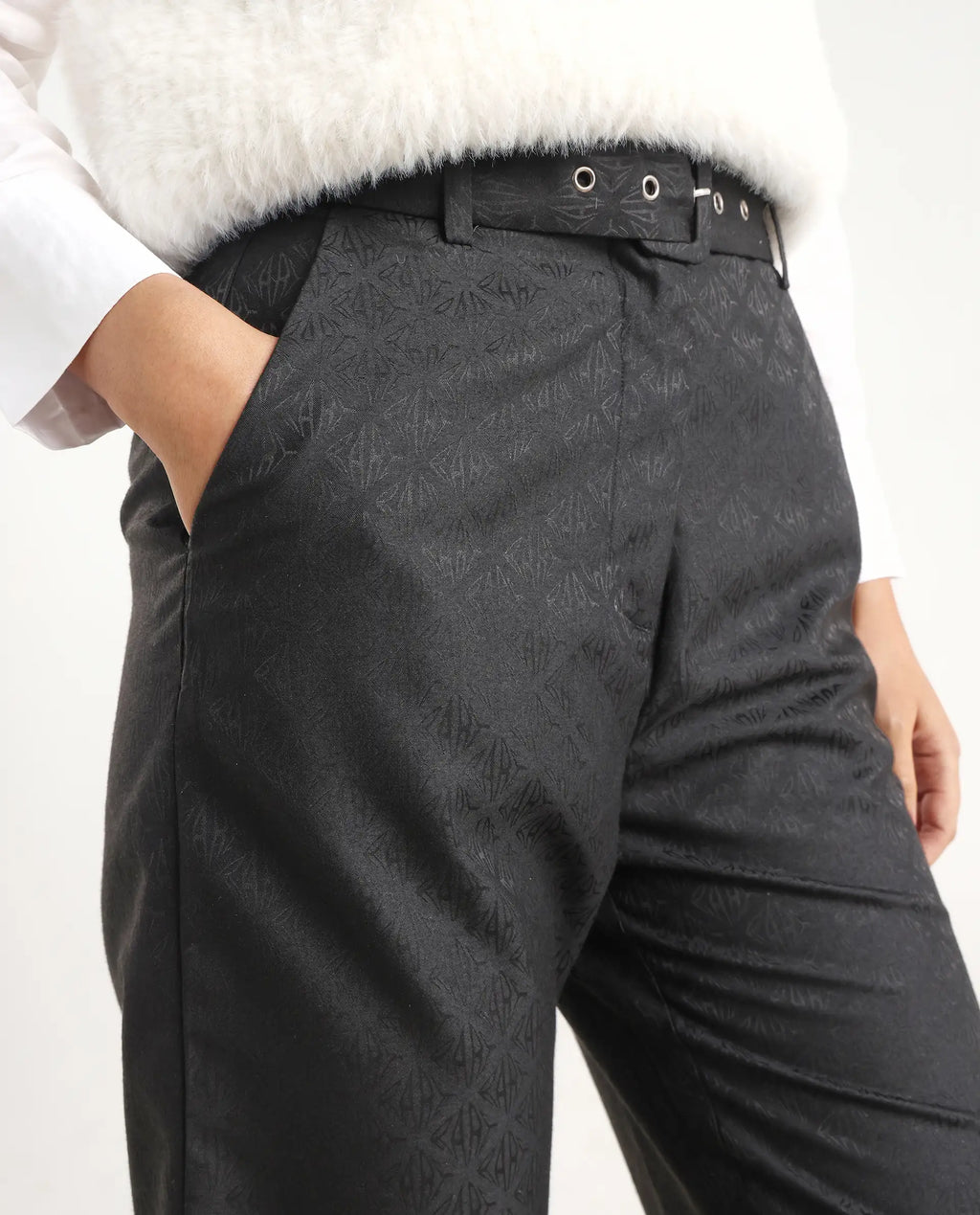 Rareism Women's Levels Black Polyester Plain Ankle Length Tapered Trouser