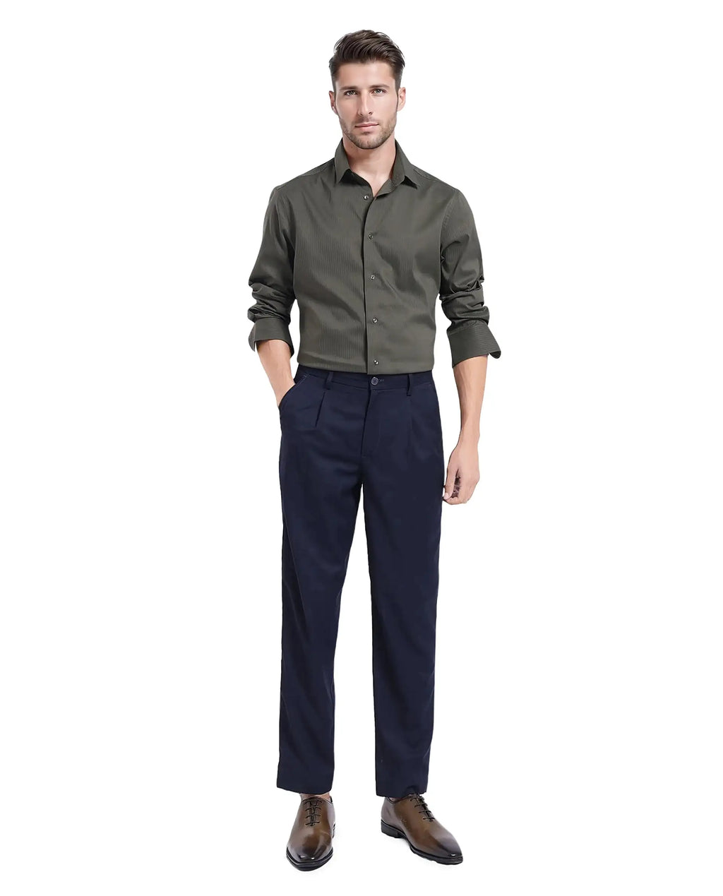 Rare Rabbit Men's Lews Dark Olive Polyester Blend Plain Regular Fit Full Sleeve Collared Shirt