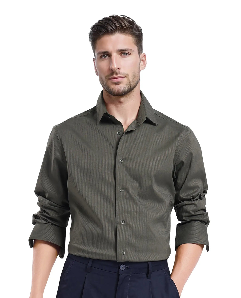 Rare Rabbit Men's Lews Dark Olive Polyester Blend Plain Regular Fit Full Sleeve Collared Shirt