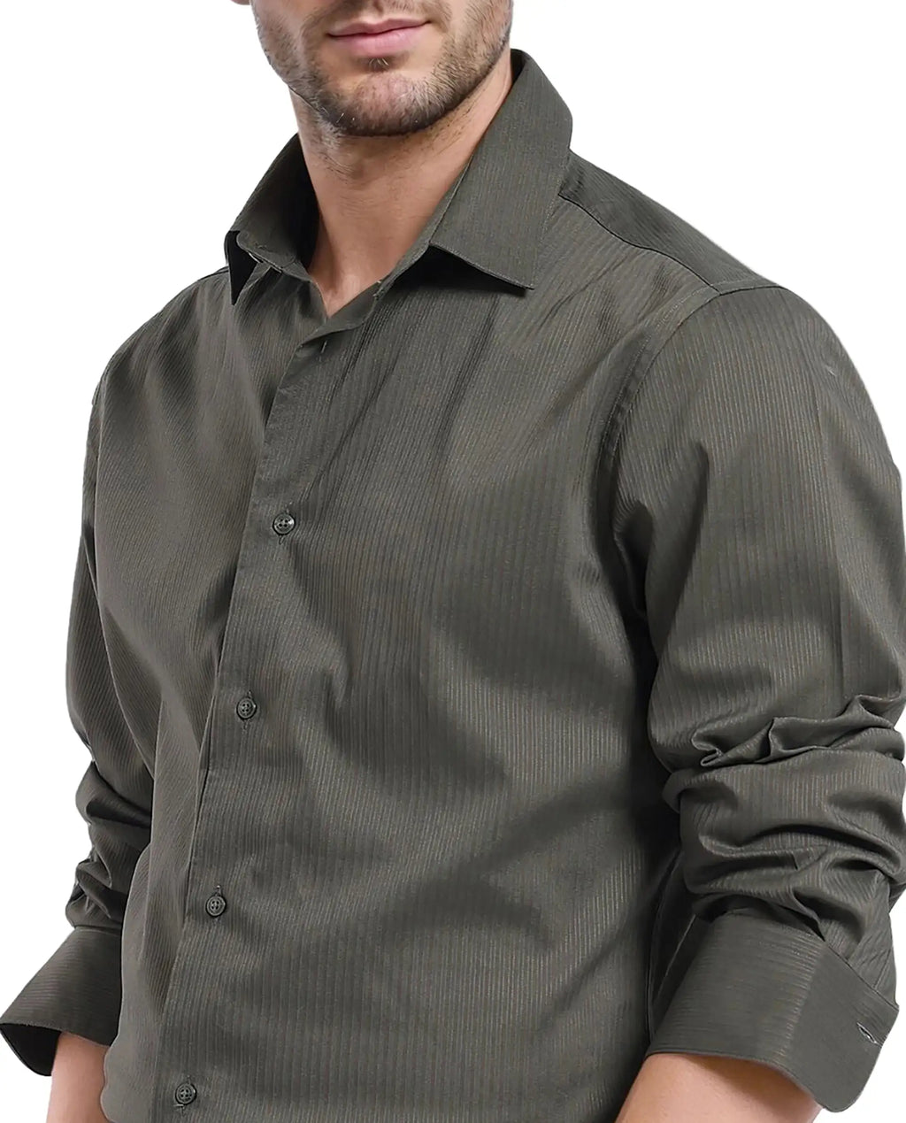 Rare Rabbit Men's Lews Dark Olive Polyester Blend Plain Regular Fit Full Sleeve Collared Shirt