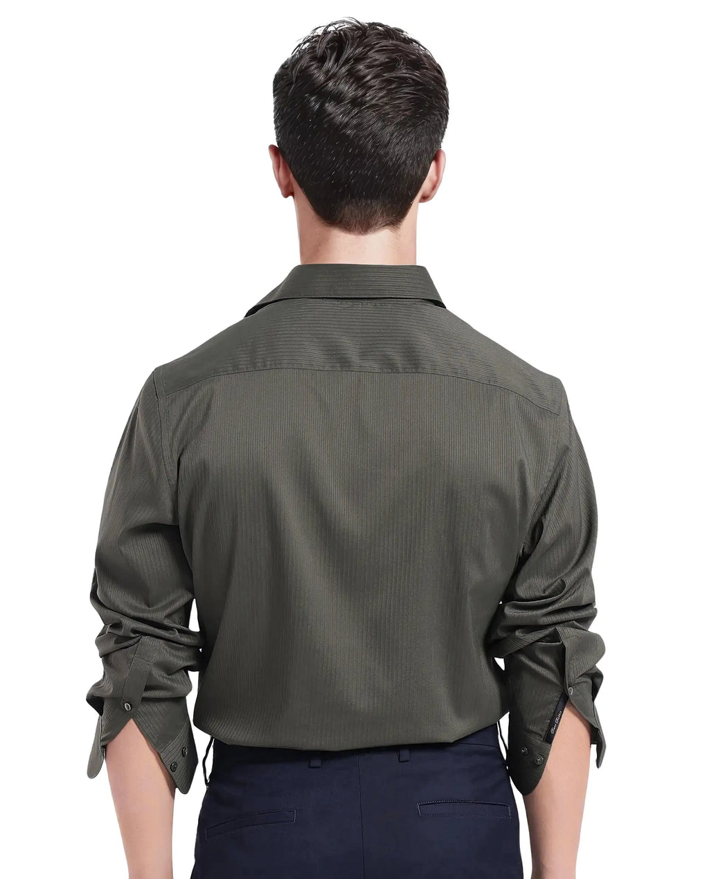 Rare Rabbit Men's Lews Dark Olive Polyester Blend Plain Regular Fit Full Sleeve Collared Shirt