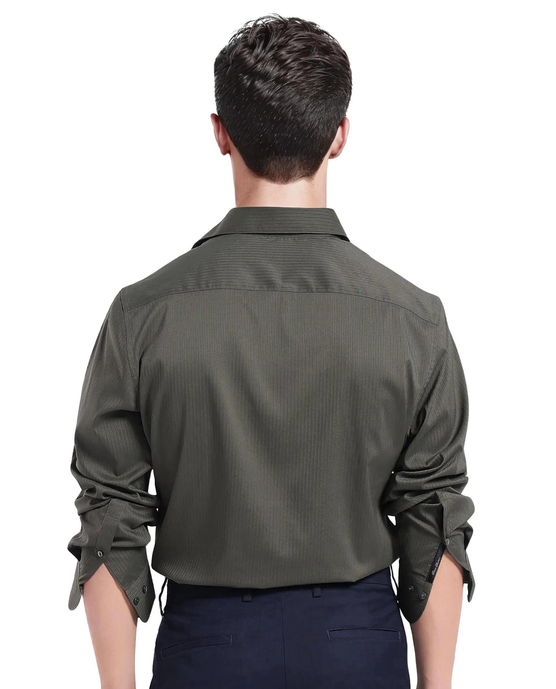 Rare Rabbit Men's Lews Dark Olive Polyester Blend Plain Regular Fit Full Sleeve Collared Shirt