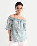 Rareism Women's Leyan Dusky Blue Viscose Blend Square Neck Floral Print Balloon Sleeve Relaxed Fit Top