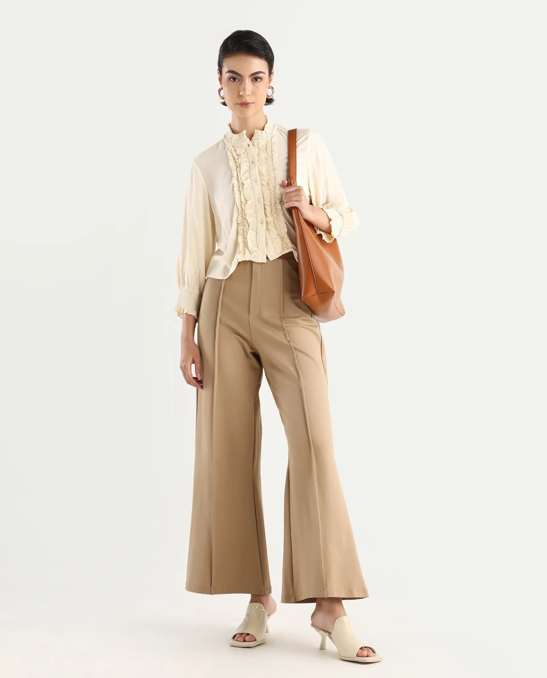 Rareism Women's Licel Off White Rayon Mandarin Collar Plain Regular Fit Top