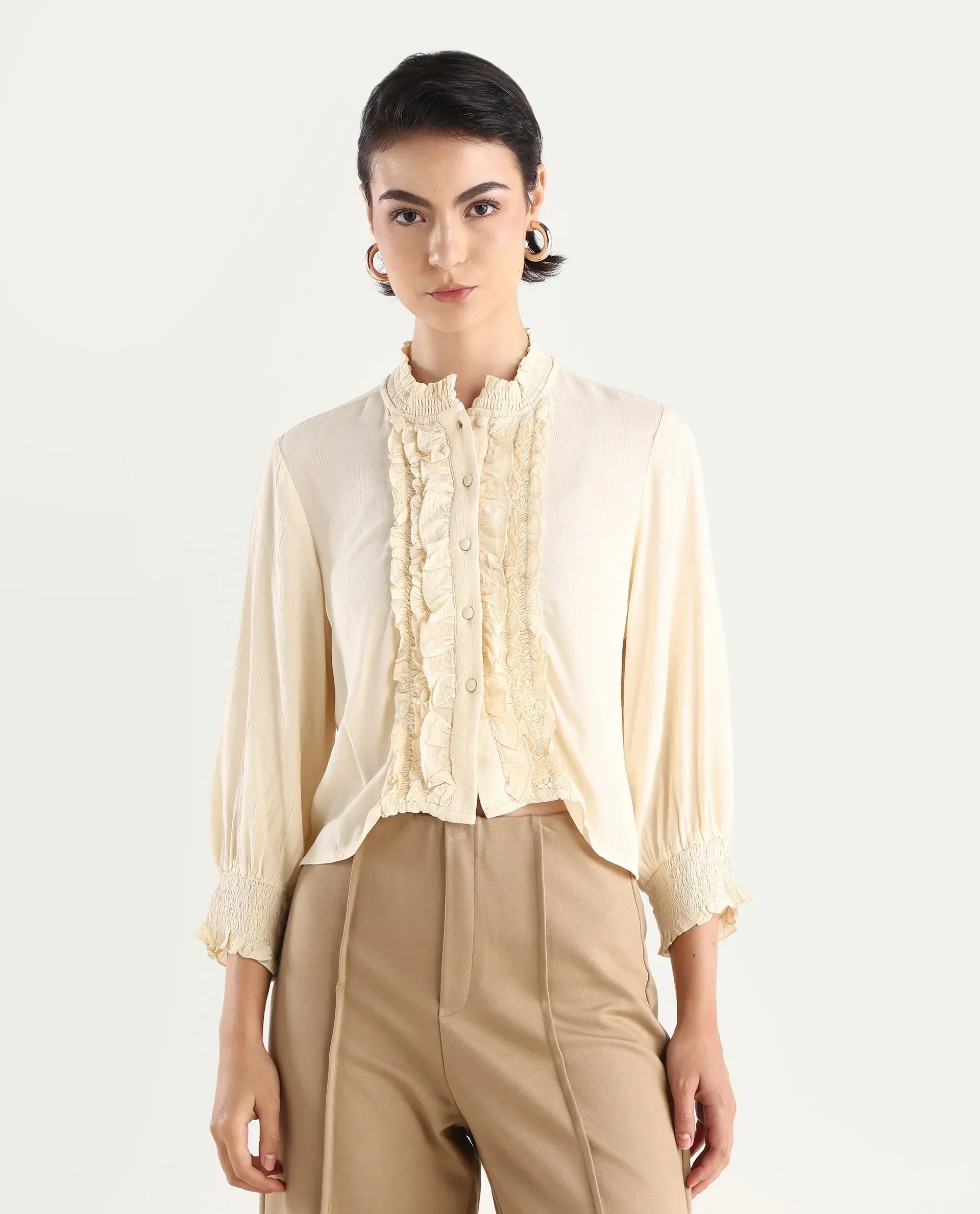 Rareism Women's Licel Off White Rayon Mandarin Collar Plain Regular Fit Top