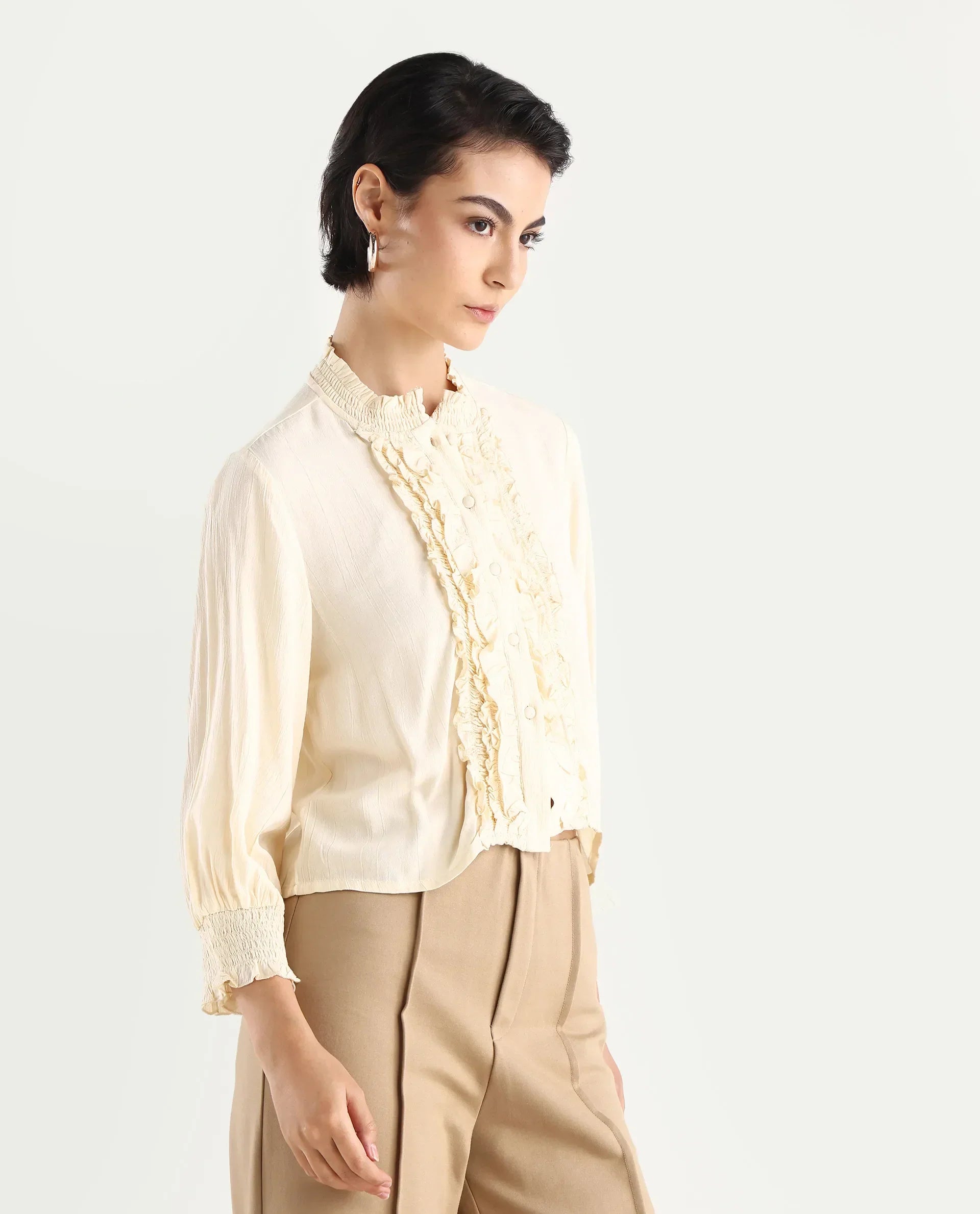 Rareism Women's Licel Off White Rayon Mandarin Collar Plain Regular Fit Top