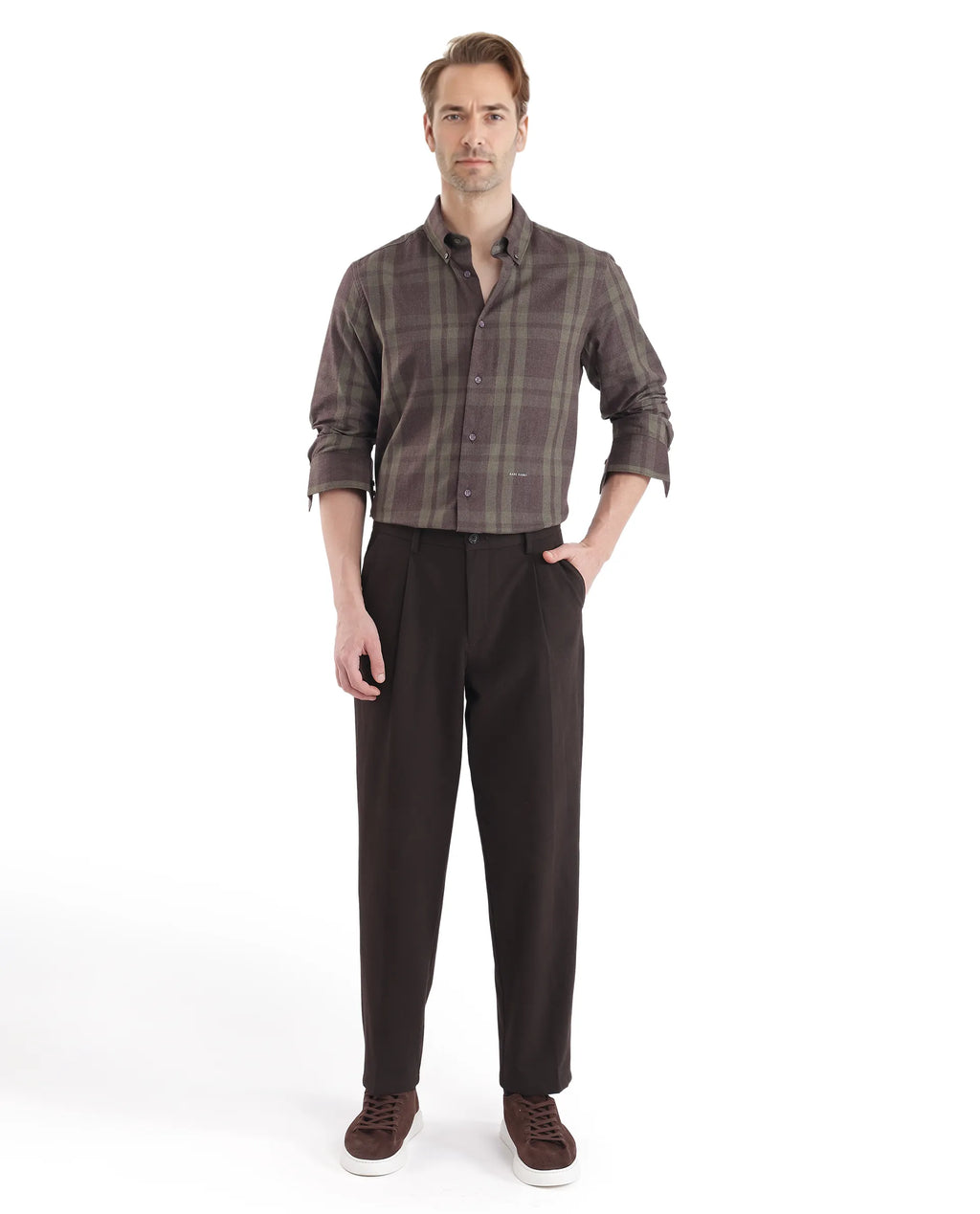 Rare Rabbit Men's Licot Dark Olive Cotton Checked Print Regular Fit Full Sleeve Collared Shirt