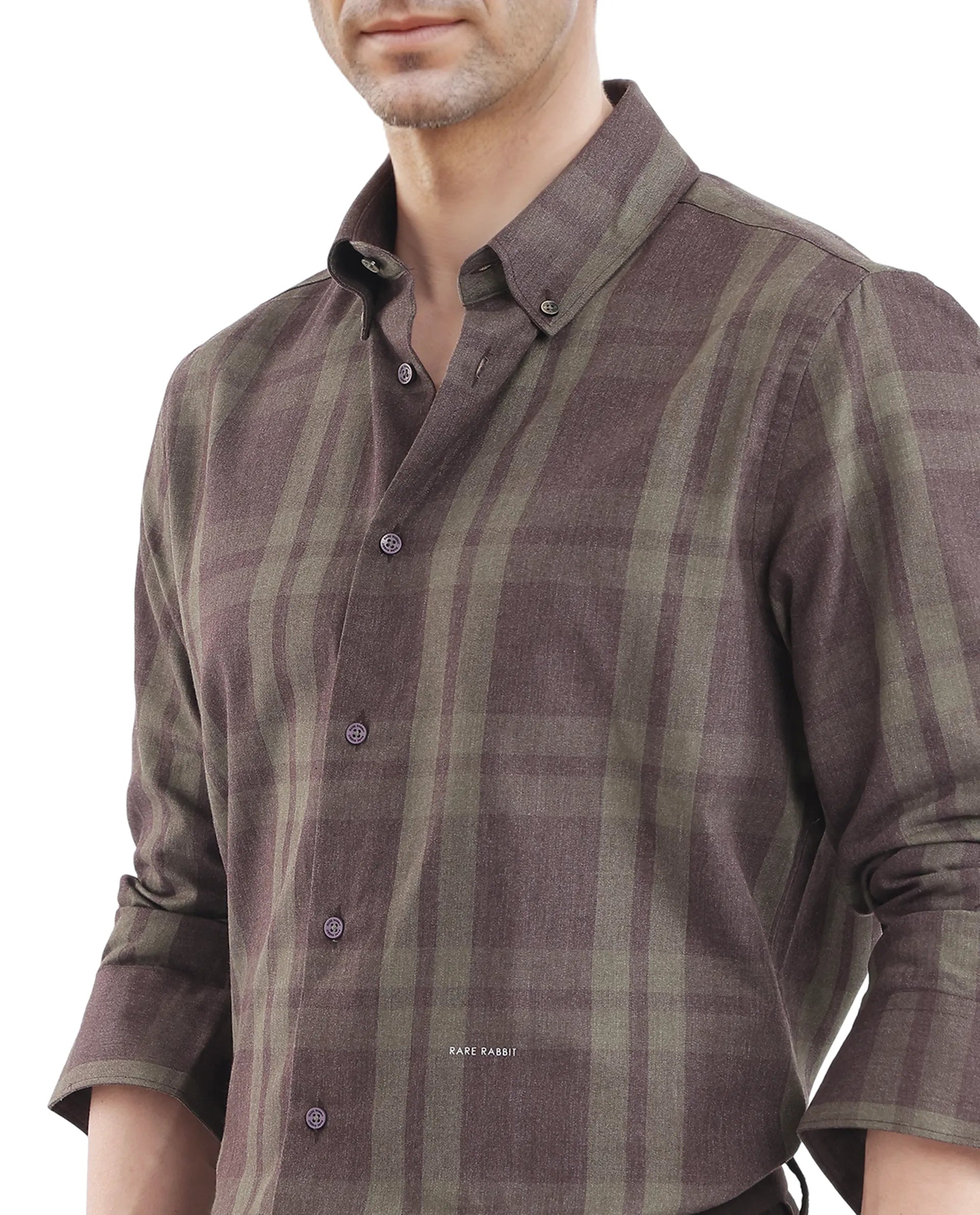 Rare Rabbit Men's Licot Dark Olive Cotton Checked Print Regular Fit Full Sleeve Collared Shirt