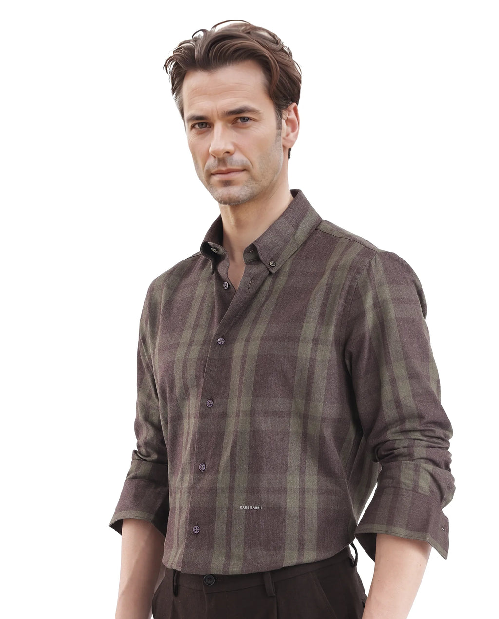 Rare Rabbit Men's Licot Dark Olive Cotton Checked Print Regular Fit Full Sleeve Collared Shirt
