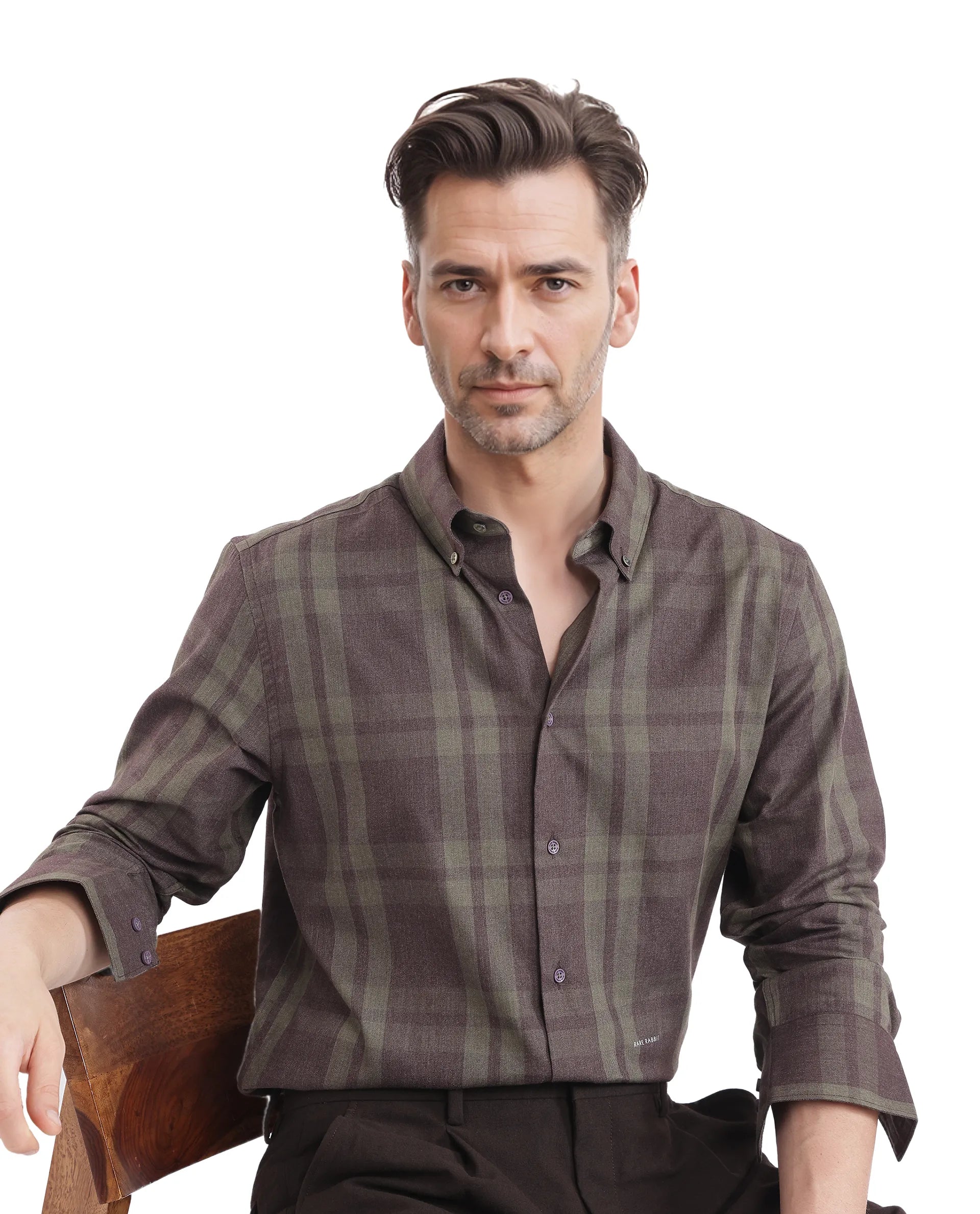 Rare Rabbit Men's Licot Dark Olive Cotton Checked Print Regular Fit Full Sleeve Collared Shirt