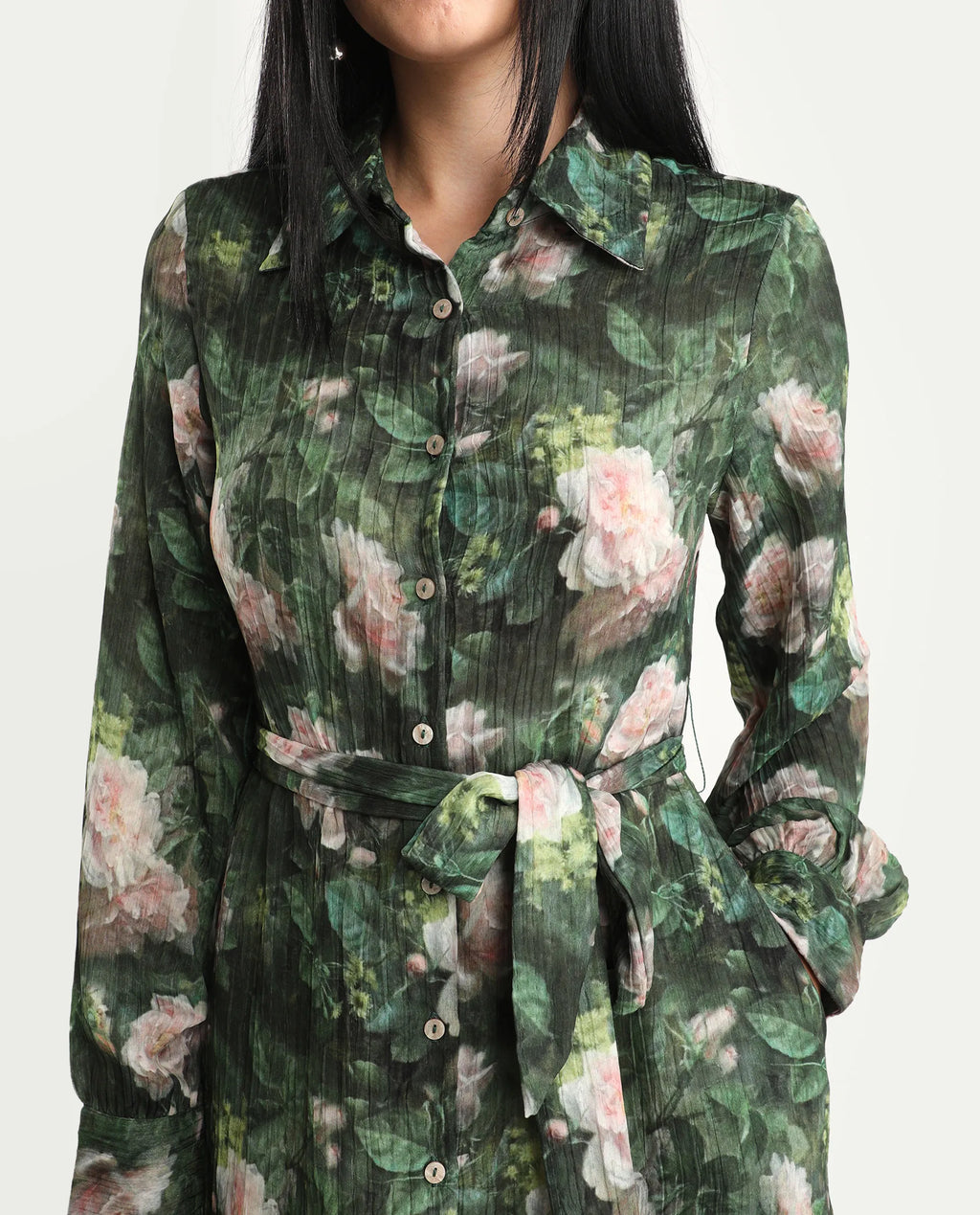 Rareism Women's Lika Dark Green Polyester Tie-Up Neck Floral Print Bishop Sleeve Midi Flared Dress