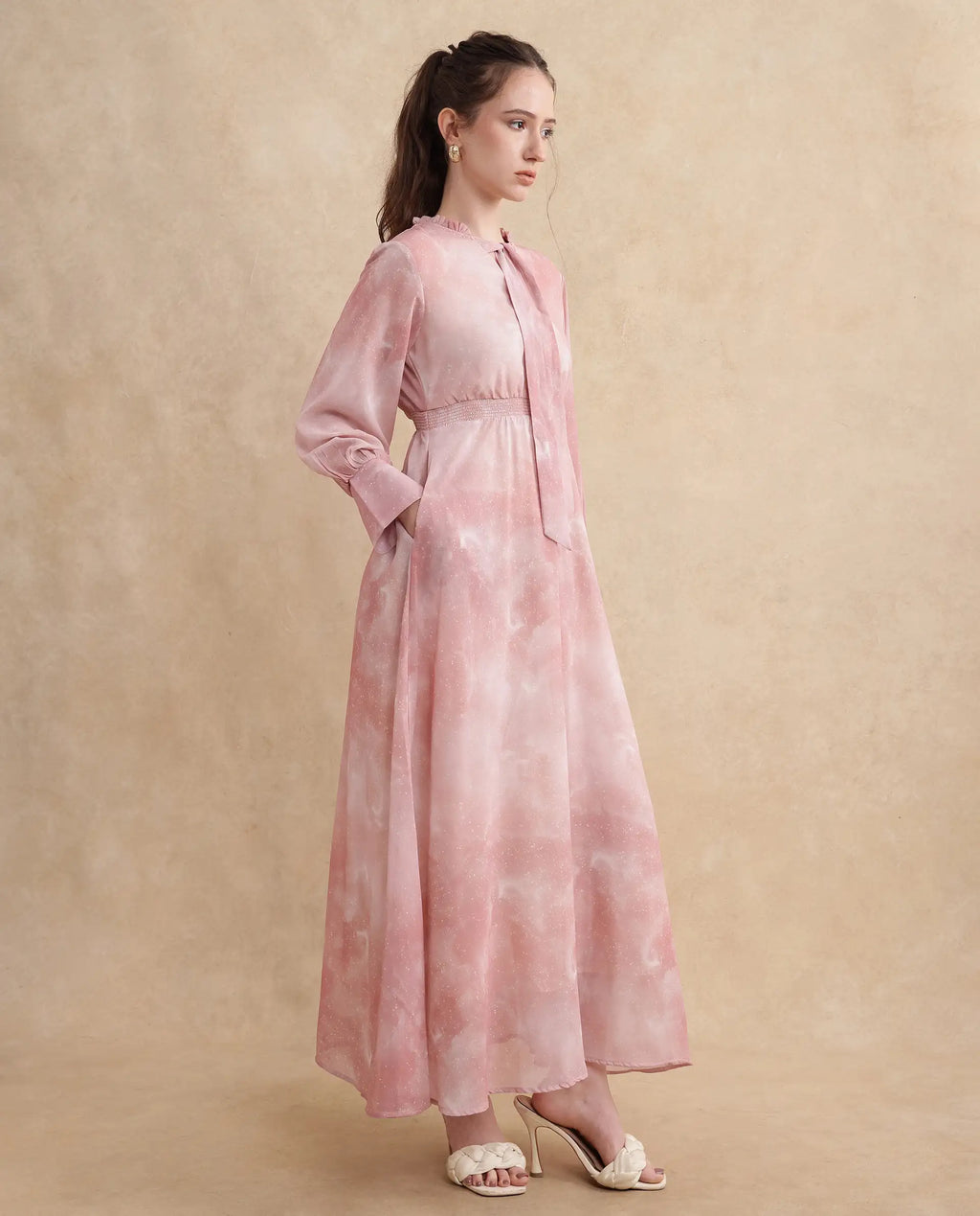 Rareism Women's Likp Pink Polyester Sweetheart Neck Abstract Print Bishop Sleeve Midi Fit And Flare Dress