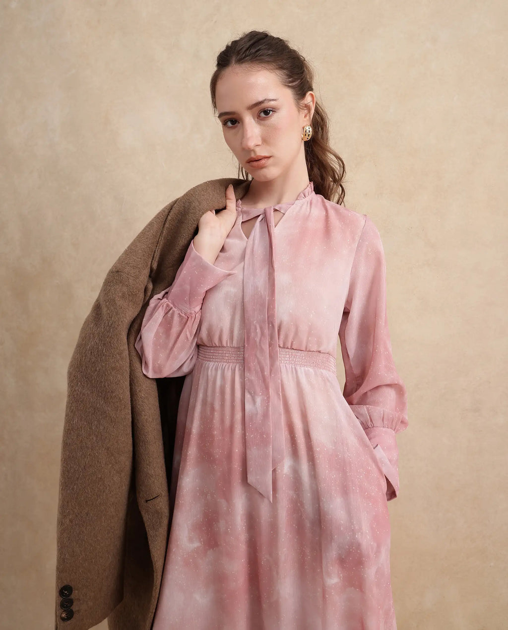 Rareism Women's Likp Pink Polyester Sweetheart Neck Abstract Print Bishop Sleeve Midi Fit And Flare Dress