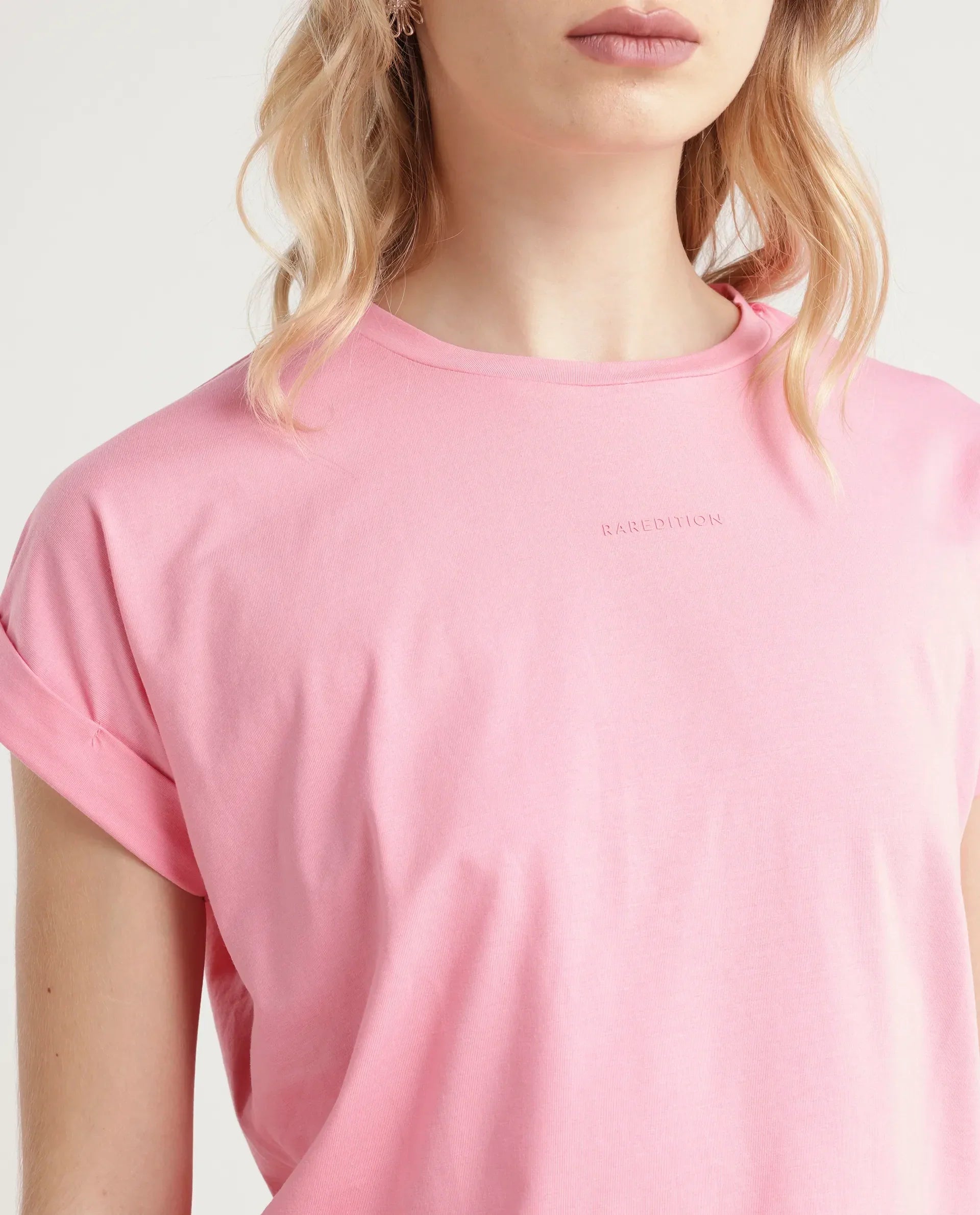 Rareism Women's Linden Light Pink Cotton Blend Crew Neck Typography Print Extended Sleeves Regular Fit T-Shirt