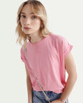 Rareism Women's Linden Light Pink Cotton Blend Crew Neck Typography Print Extended Sleeves Regular Fit T-Shirt