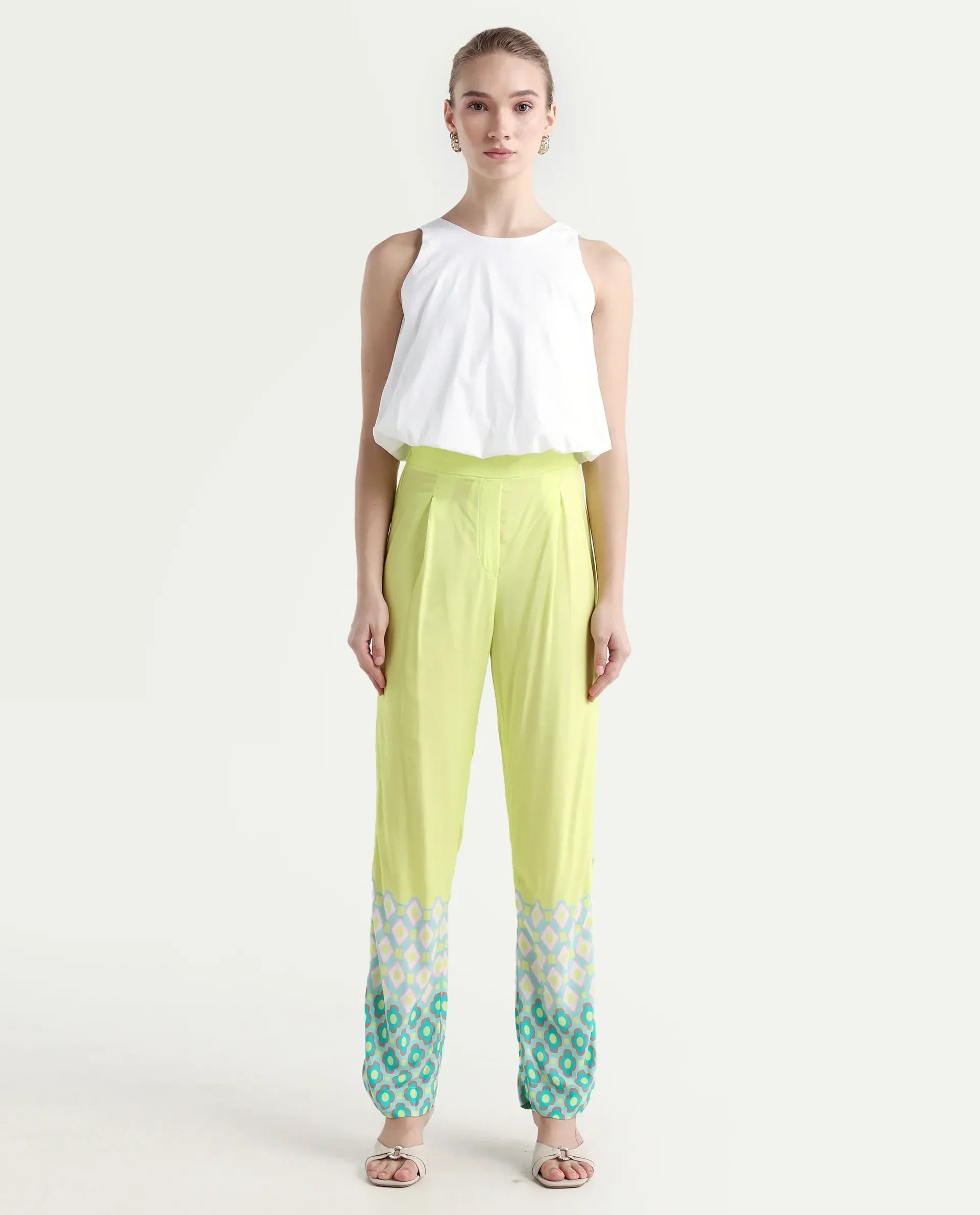 Rareism Women's Livorno Light Multi Viscose Blend Geometric Print Ankle Length Straight Fit Trouser