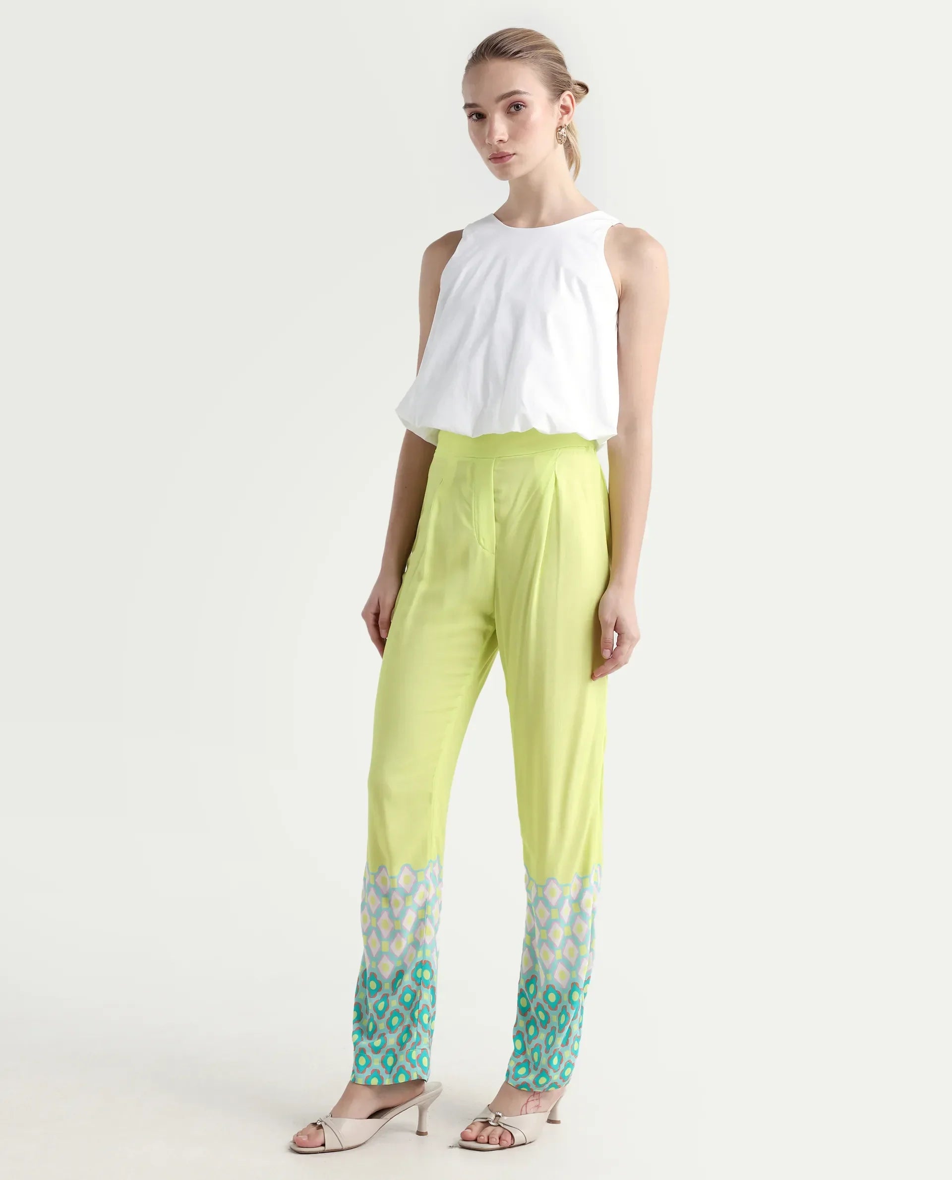 Rareism Women's Livorno Light Multi Viscose Blend Geometric Print Ankle Length Straight Fit Trouser