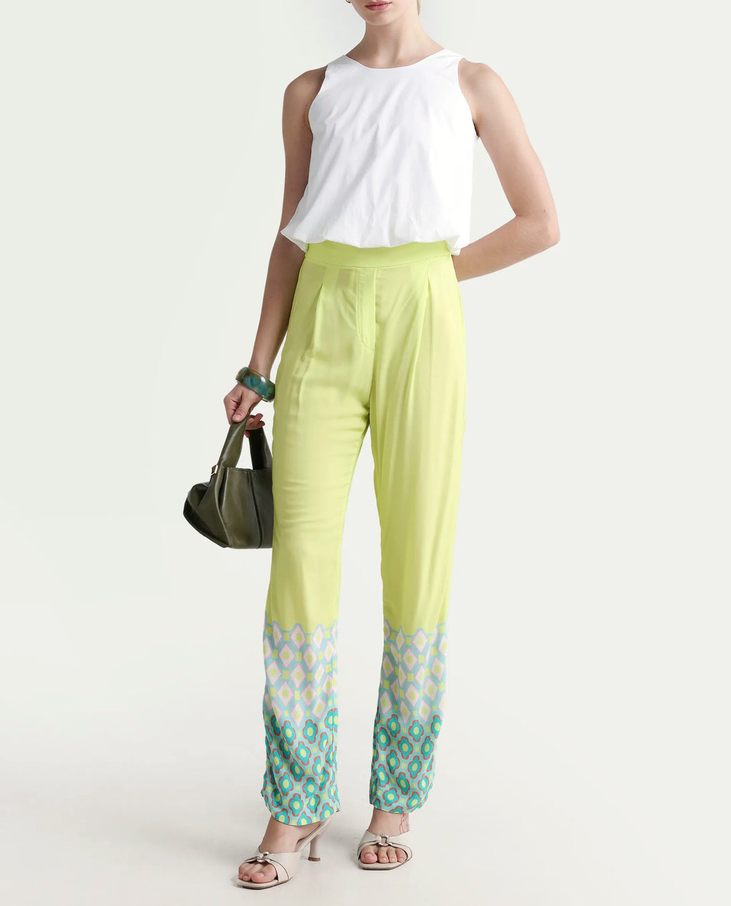 Rareism Women's Livorno Light Multi Viscose Blend Geometric Print Ankle Length Straight Fit Trouser