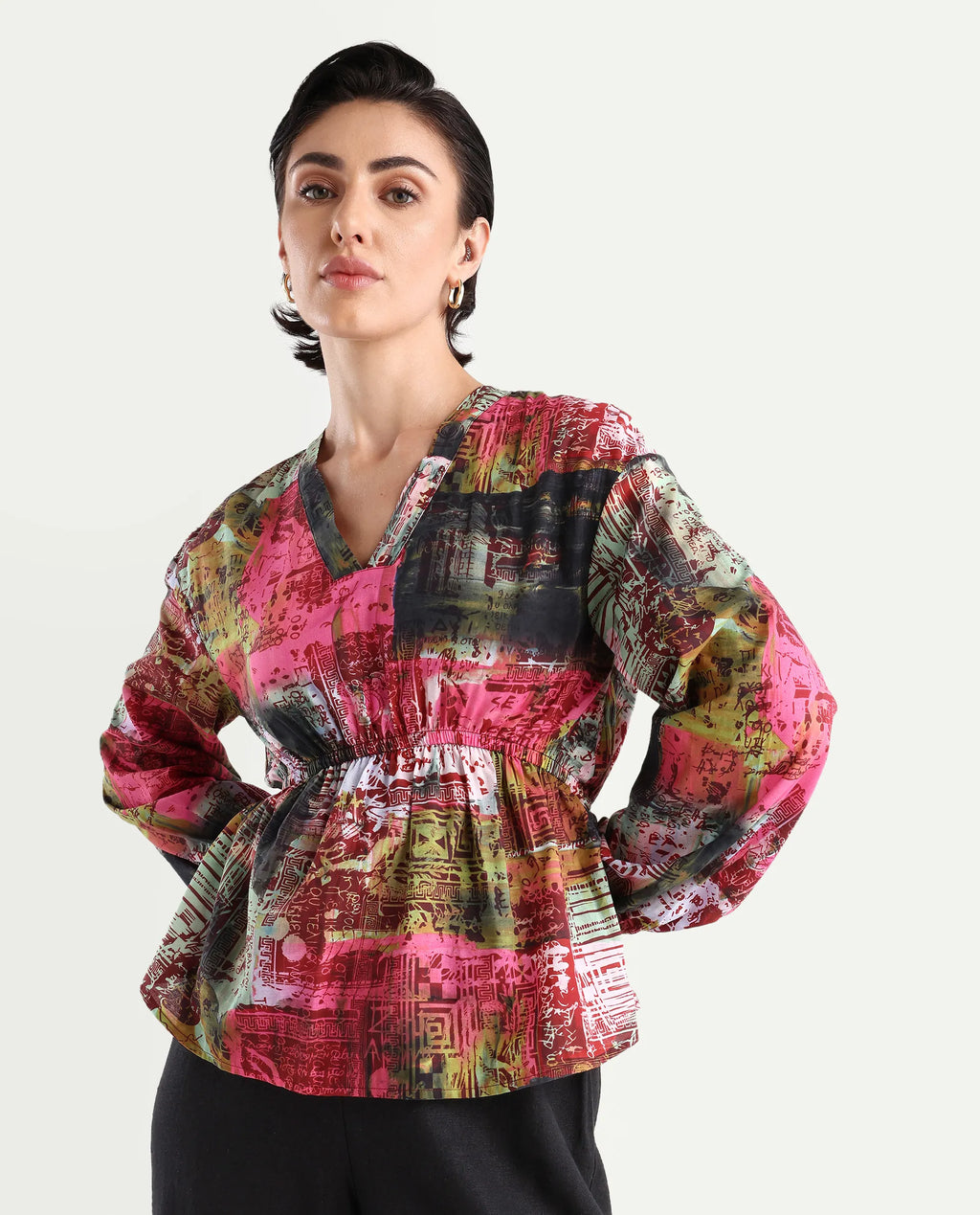 Rareism Women's Lobbc Multi Cotton V-Neck Abstract Print Bishop Sleeve Regular Fit And Flare Top