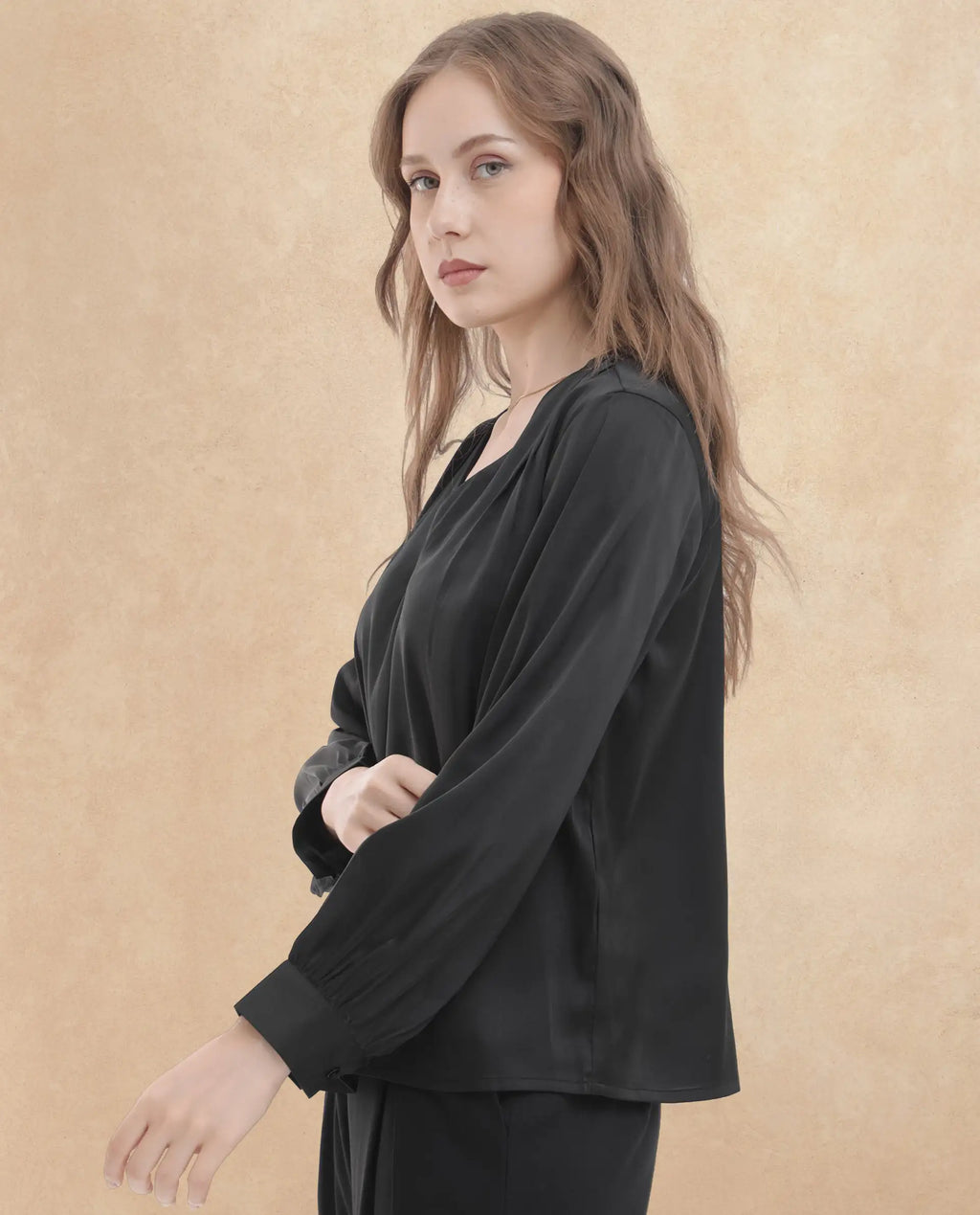 Rareism Women's Lohan Black Polyester V-Neck Plain Cuffed Sleeve Regular Fit Top