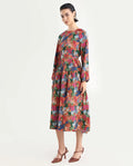 Rareism Women's Lokop Multi Polyester Blend Round Neck Abstract Print Raglan Sleeve Midi Fit And Flare Dress