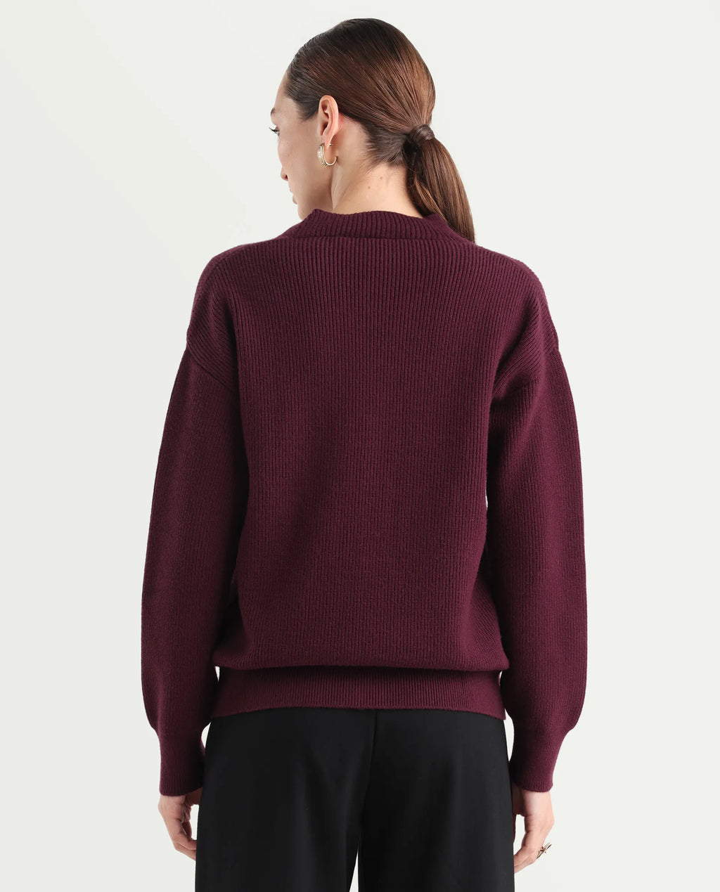 Rareism Women's Lola Dark Maroon Acrylic V-Neck Regular Fit Plain Cardigan