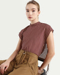 Rareism Women's Lossa Brown Polyester Blend High Neck Striped Extended Sleeves Regular Fit Top