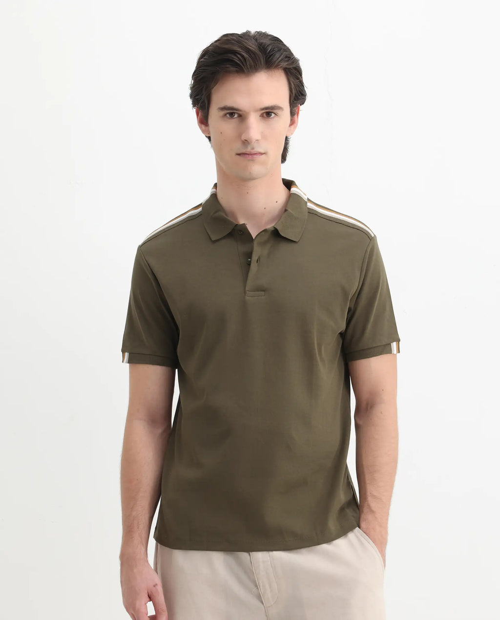 Rare Rabbit Men Loui Olive Cotton Fabric Striped Short Sleeve And Collar Neck Plain Polo