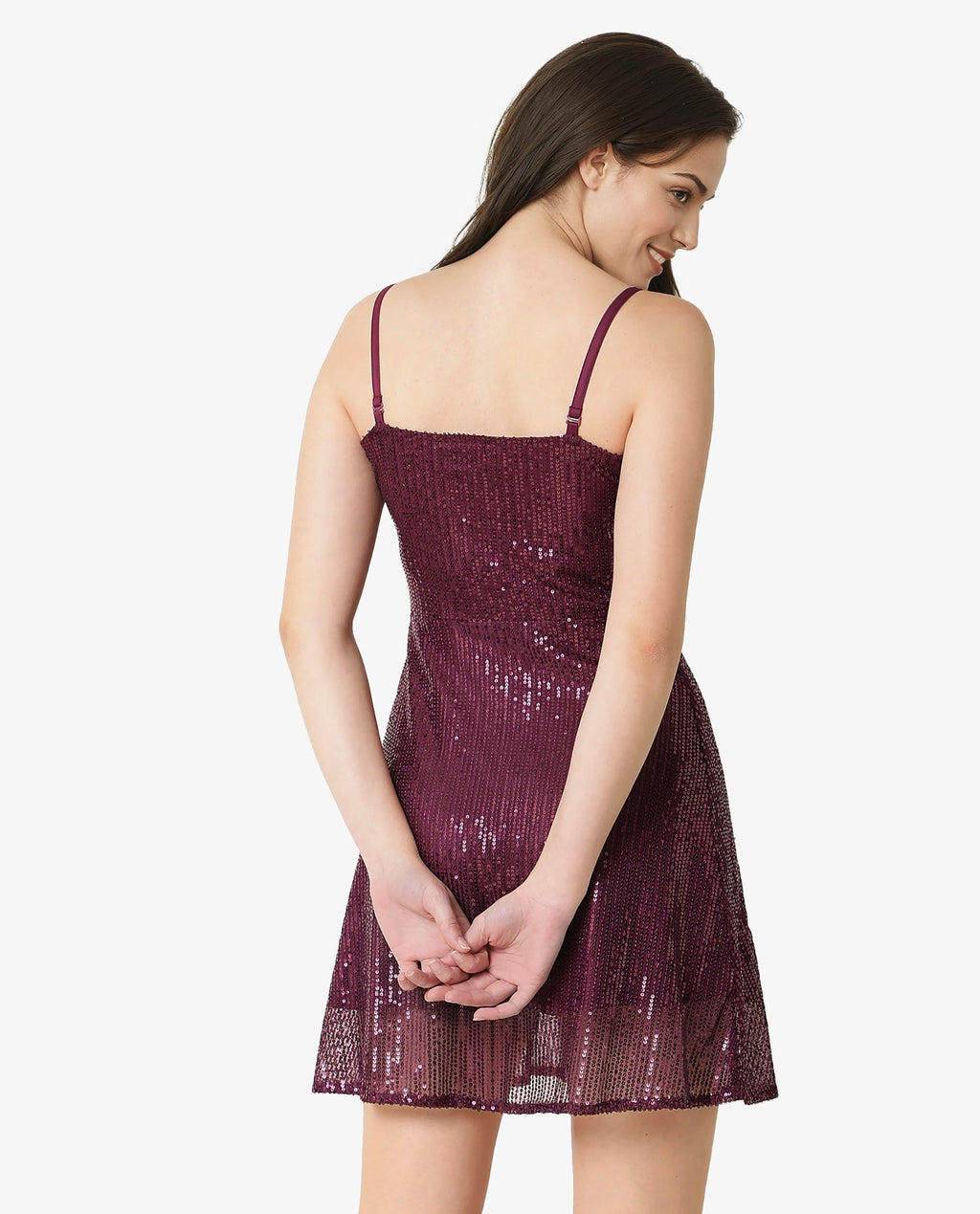 Rareism Women's Lovez Maroon Nylon Shoulder Strap Sequined Shoulder Strap Knee Length Regular Fit Dress