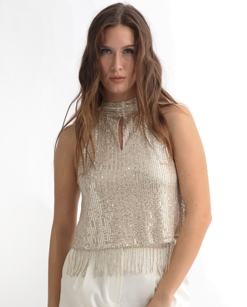 Rareism Women's Lovia Beige Nylon Halter Neck Sequined Sleeveless Regular Fit Top