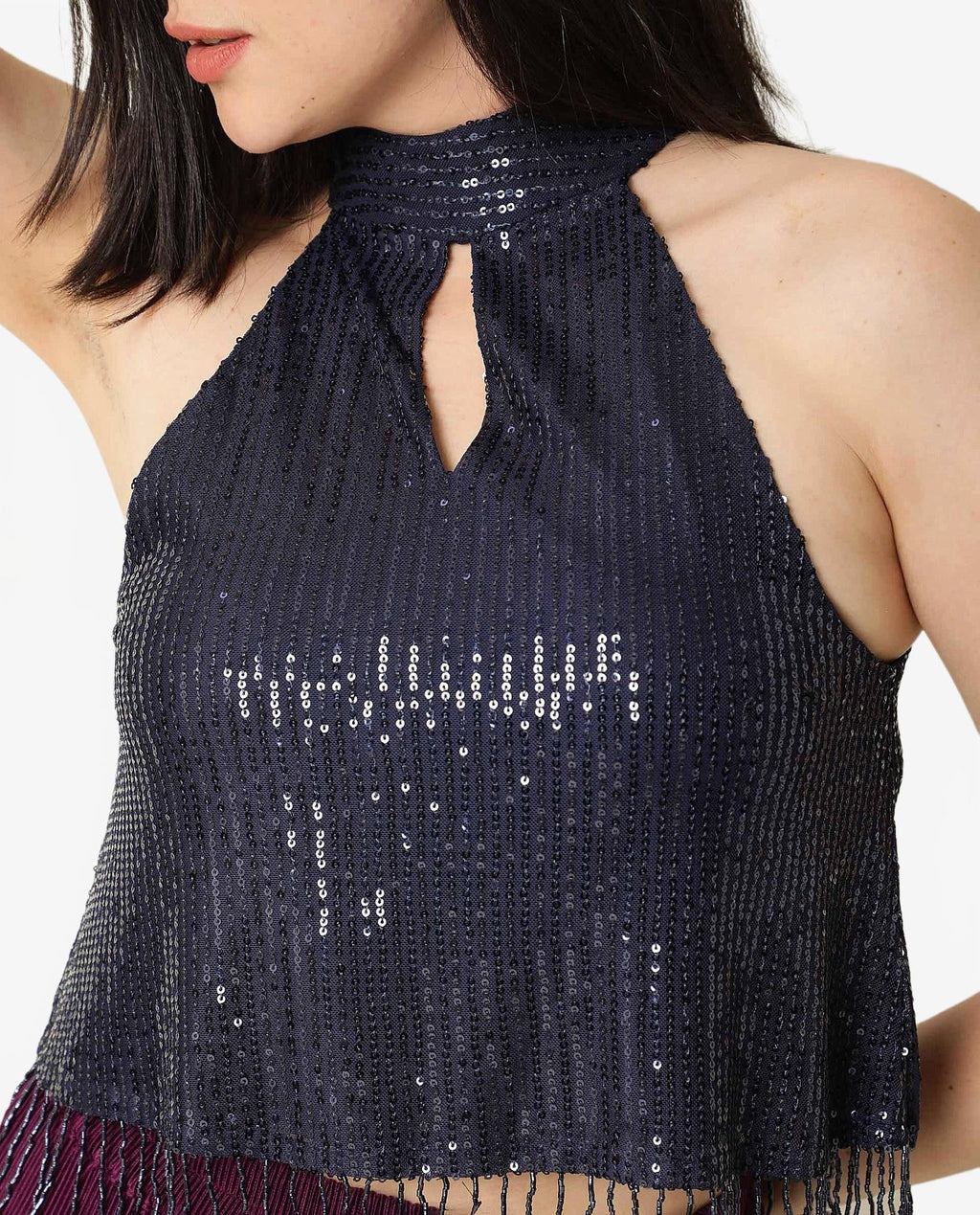 Rareism Women's Lovia Navy Nylon Halter Neck Sequined Sleeveless Regular Fit Top