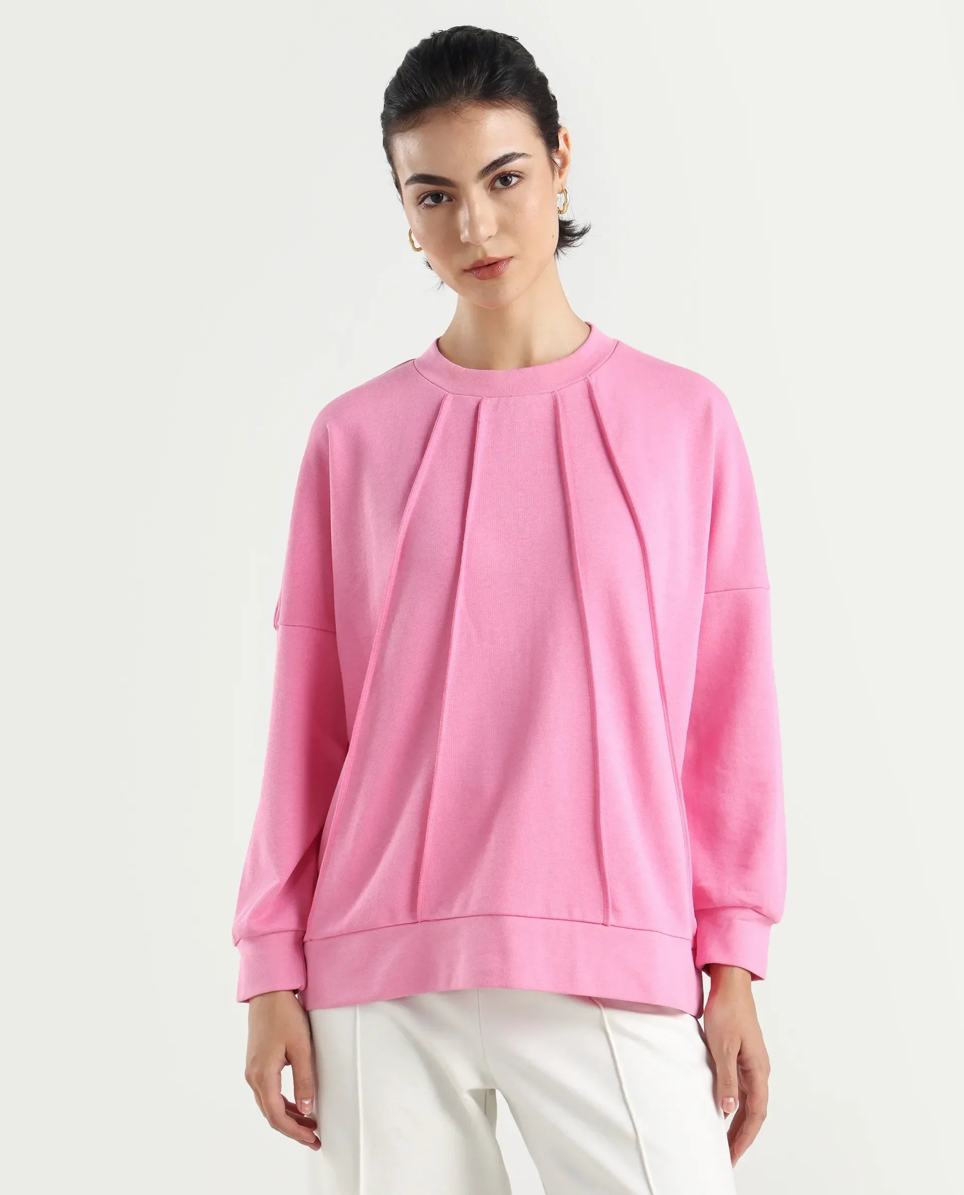 Rareism Women's Lowkey Dark Pink Cotton Blend Crew Neck Plain Relaxed Fit Sweatshirt