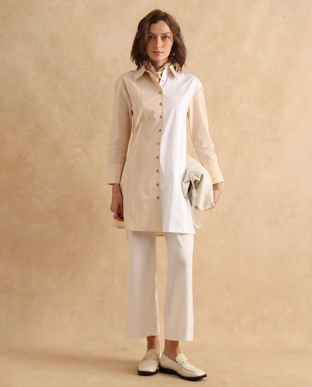 Rareism Women's Loibx White Cotton Spread Collar Color Block Cuffed Sleeve Mini Straight Fit Dress