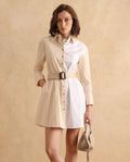 Rareism Women's Loibx White Cotton Spread Collar Color Block Cuffed Sleeve Mini Straight Fit Dress