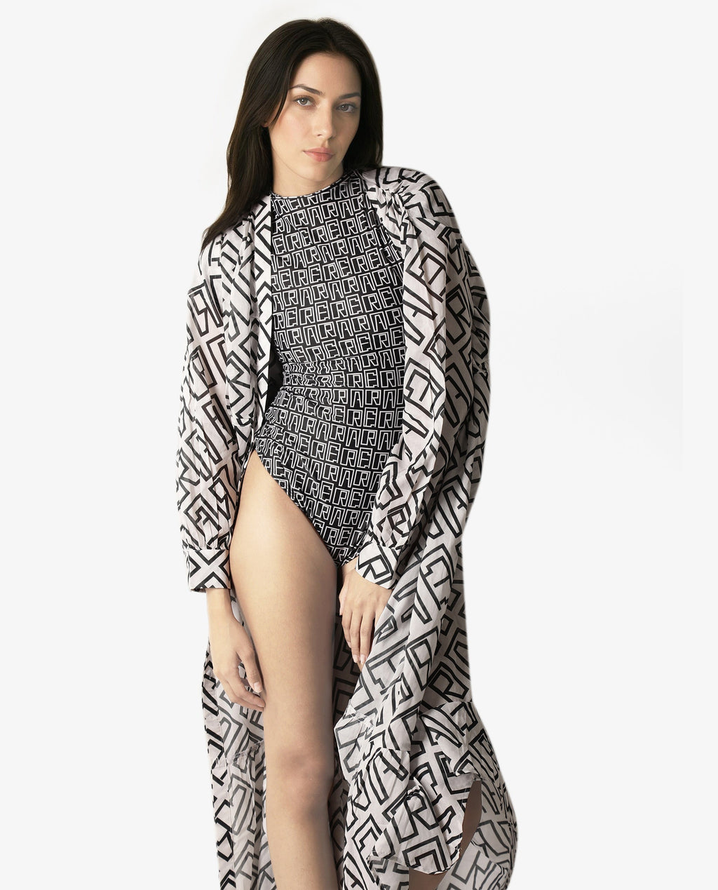 Rareism Women's Lucie Black V-Neck Monogram Print Cape Sleeve Mini Bodysuit Swimsuit
