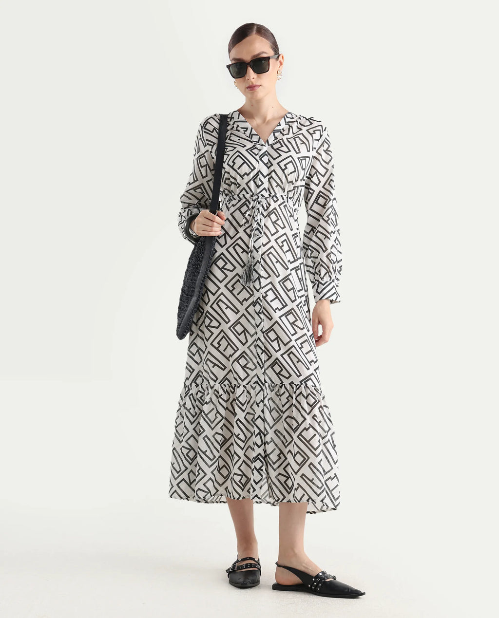 Rareism Women's Lucinda Light Beige Cotton V-Neck Monogram Print Cuffed Sleeve Maxi Regular Fit Shrug