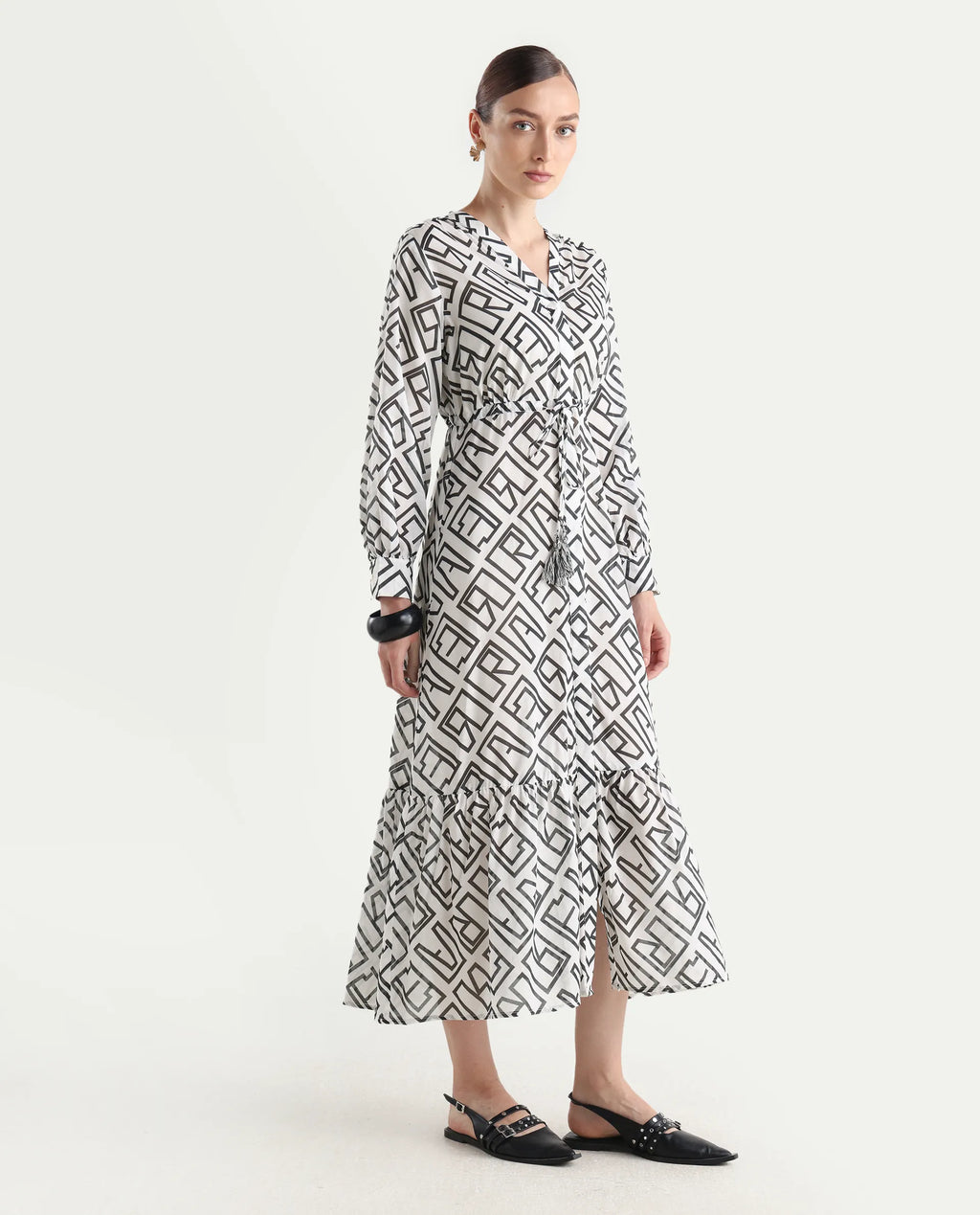 Rareism Women's Lucinda Light Beige Cotton V-Neck Monogram Print Cuffed Sleeve Maxi Regular Fit Shrug