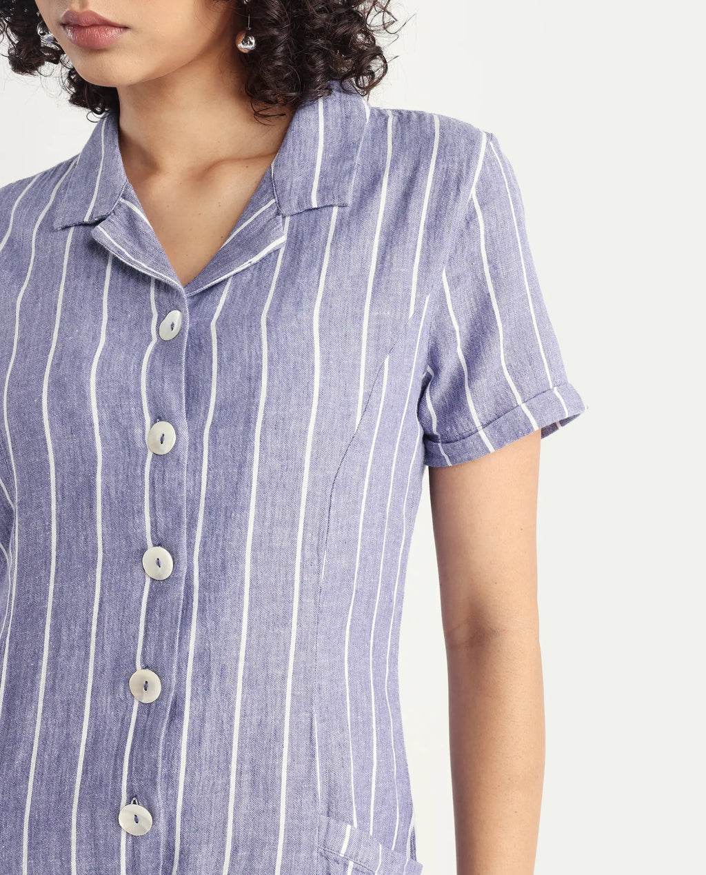 Rareism Women's Lucio Blue Linen Spread Collar Striped Tailored Playsuit