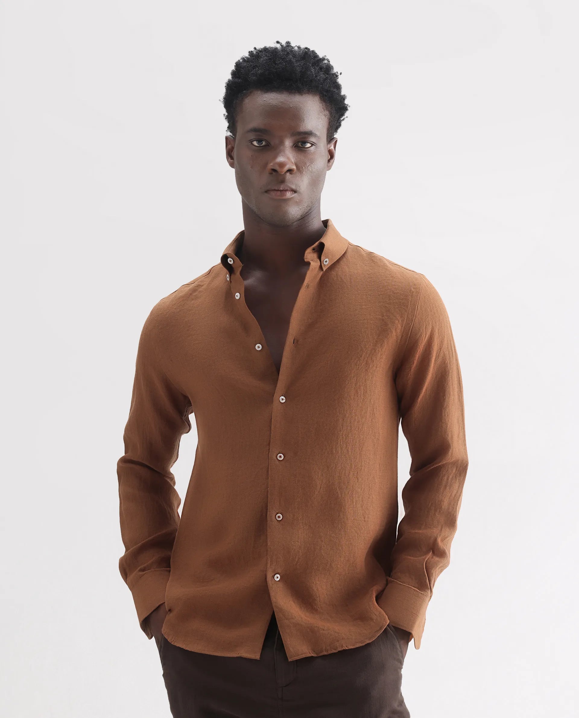 Rare Rabbit Men's Lucis Rust 100% Linen Plain Regular Fit Full Sleeve Collared Shirt