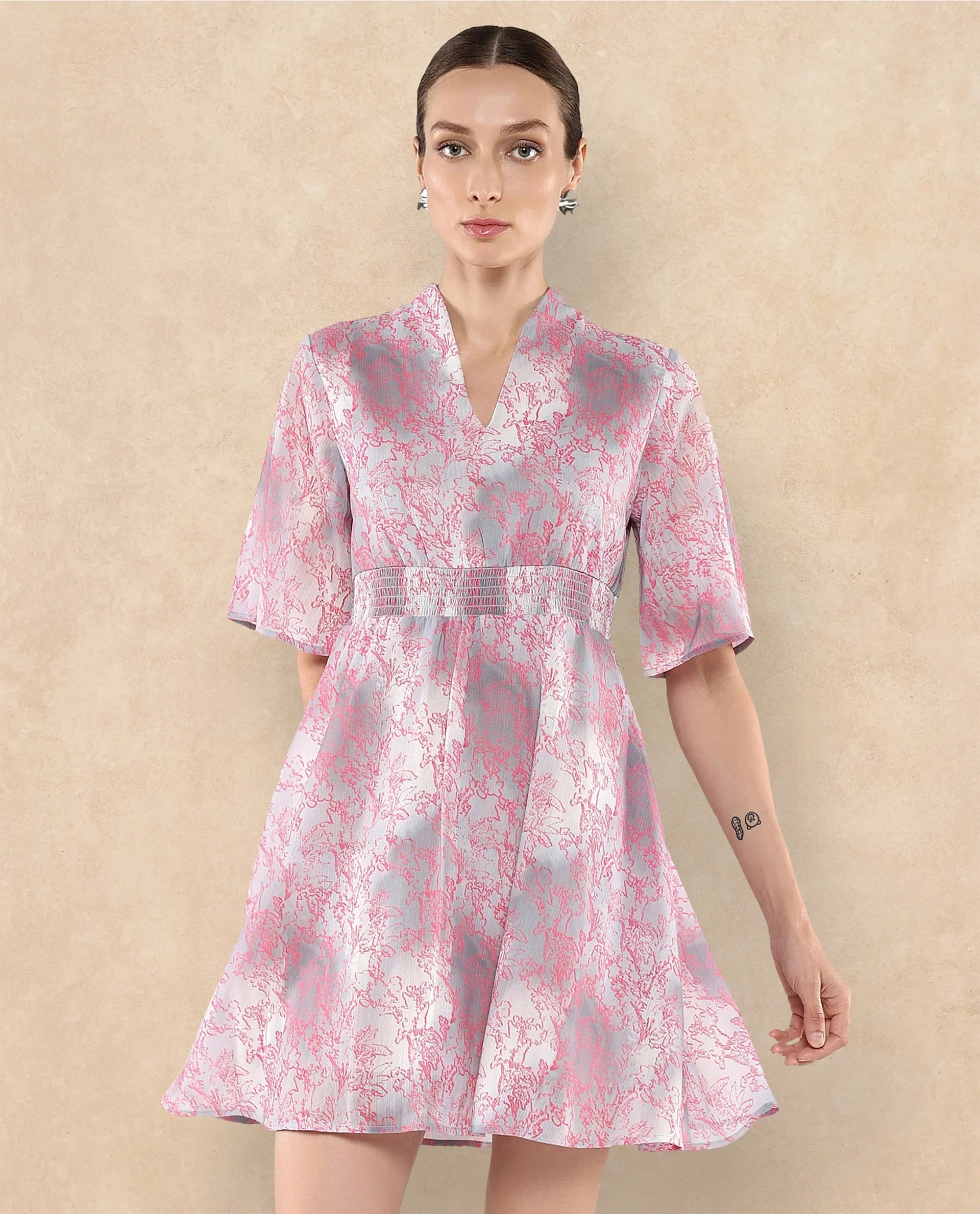 Rareism Women's Luffy Grey Satin Built-Up Neck Abstract Print Flared Sleeve Knee Length Fit And Flare Dress