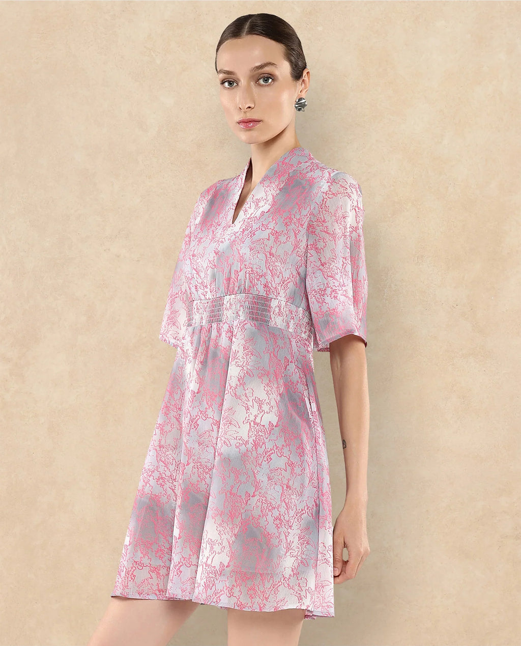Rareism Women's Luffy Grey Satin Built-Up Neck Abstract Print Flared Sleeve Knee Length Fit And Flare Dress