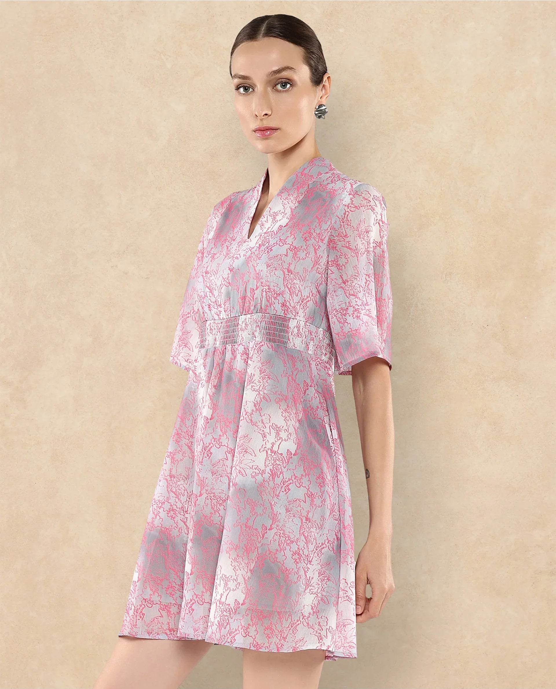 Rareism Women's Luffy Grey Satin Built-Up Neck Abstract Print Flared Sleeve Knee Length Fit And Flare Dress
