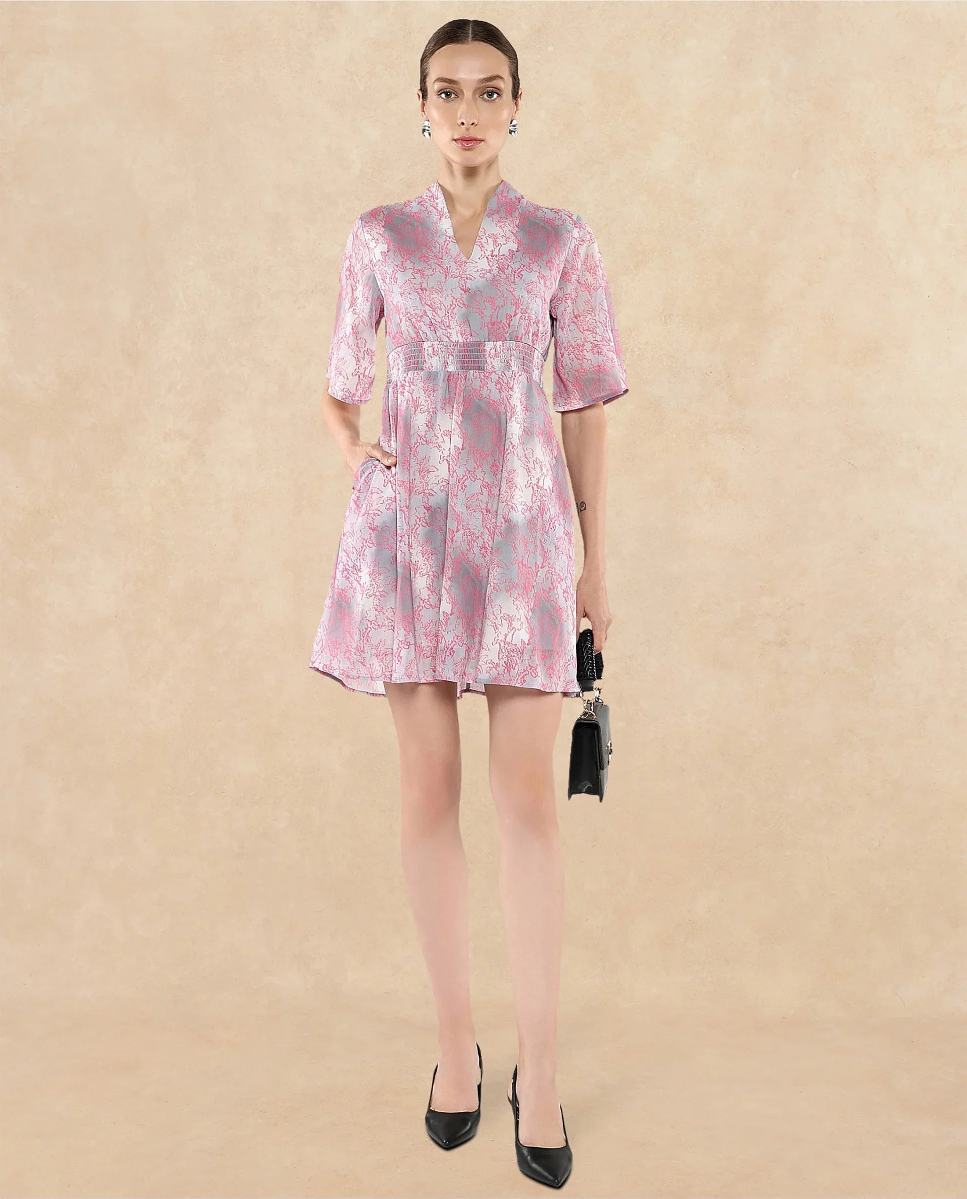 Rareism Women's Luffy Grey Satin Built-Up Neck Abstract Print Flared Sleeve Knee Length Fit And Flare Dress