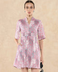 Rareism Women's Luffy Grey Satin Built-Up Neck Abstract Print Flared Sleeve Knee Length Fit And Flare Dress