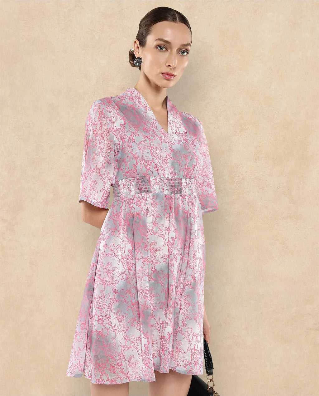 Rareism Women's Luffy Grey Satin Built-Up Neck Abstract Print Flared Sleeve Knee Length Fit And Flare Dress