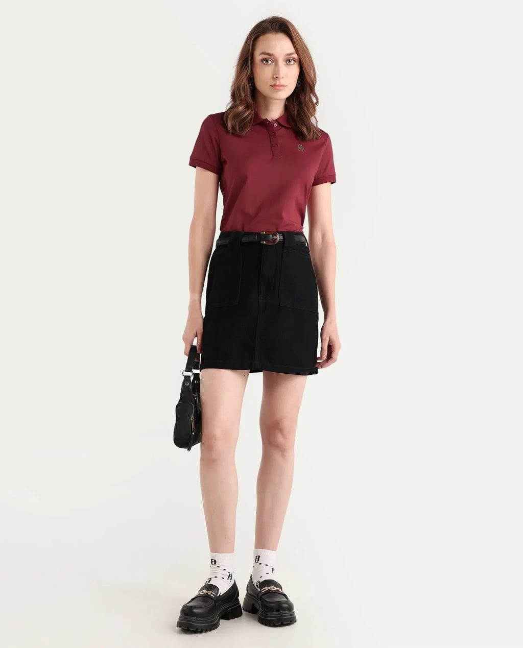 Rareism Women's Lugano Maroon Cotton Blend Polo Neck Plain Regular Fit Polo