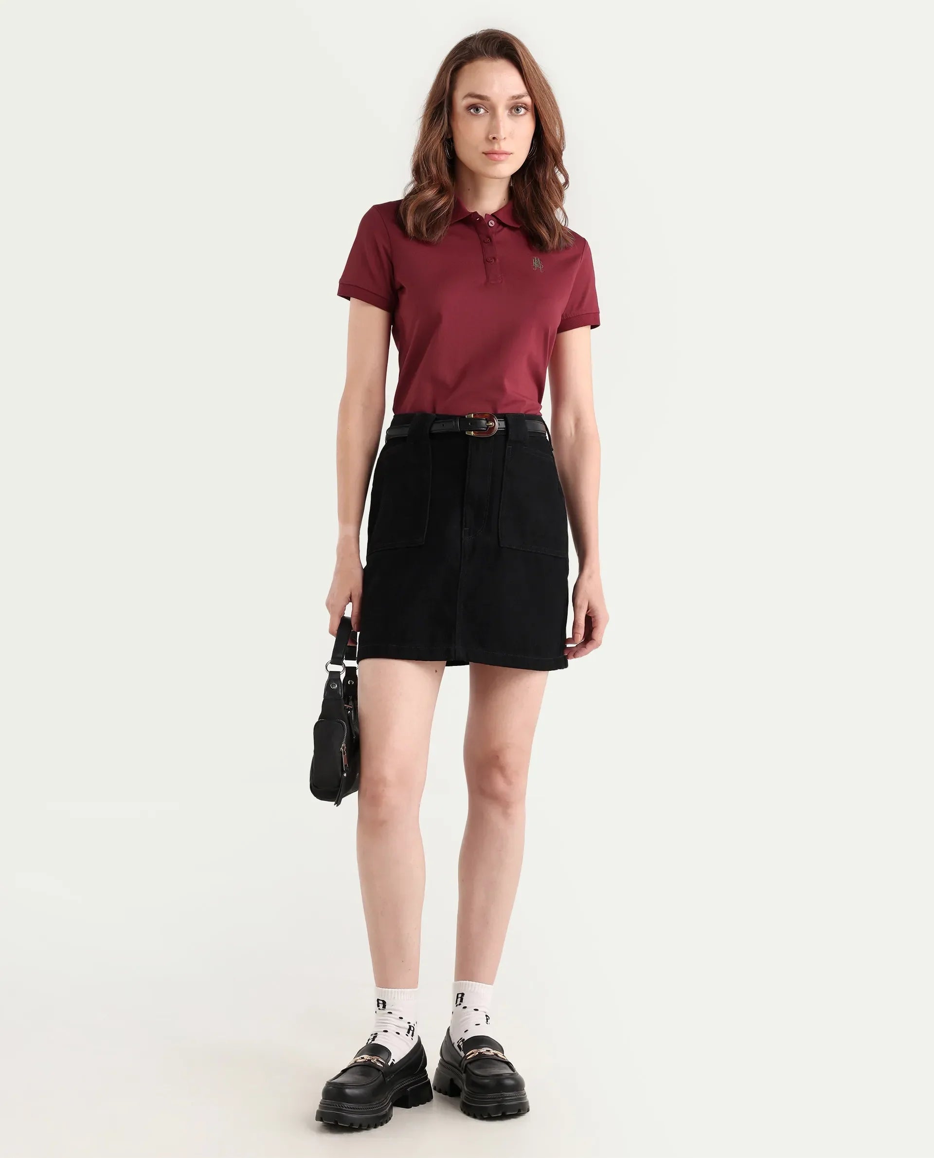 Rareism Women's Lugano Maroon Cotton Blend Polo Neck Plain Regular Fit Polo